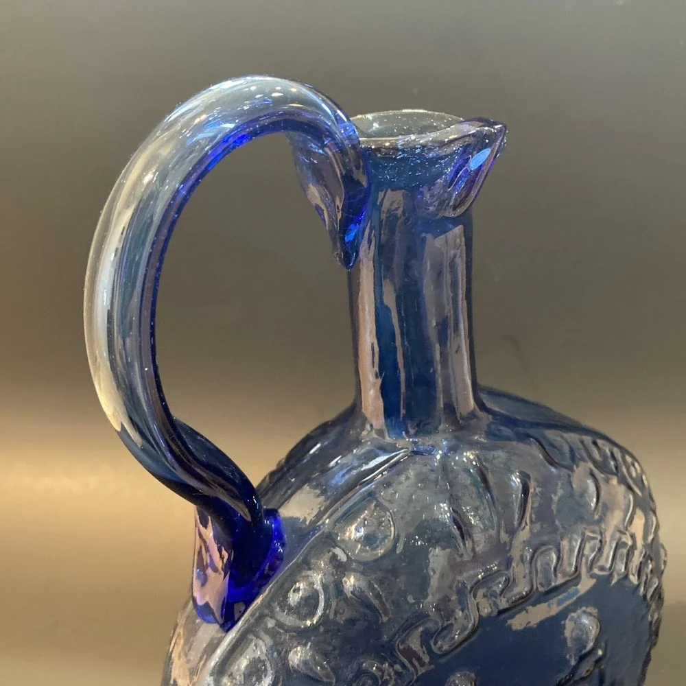 Vintage Hand Blown Cobalt Blue Raised Design Pitcher Vase Handled Jug 9.5